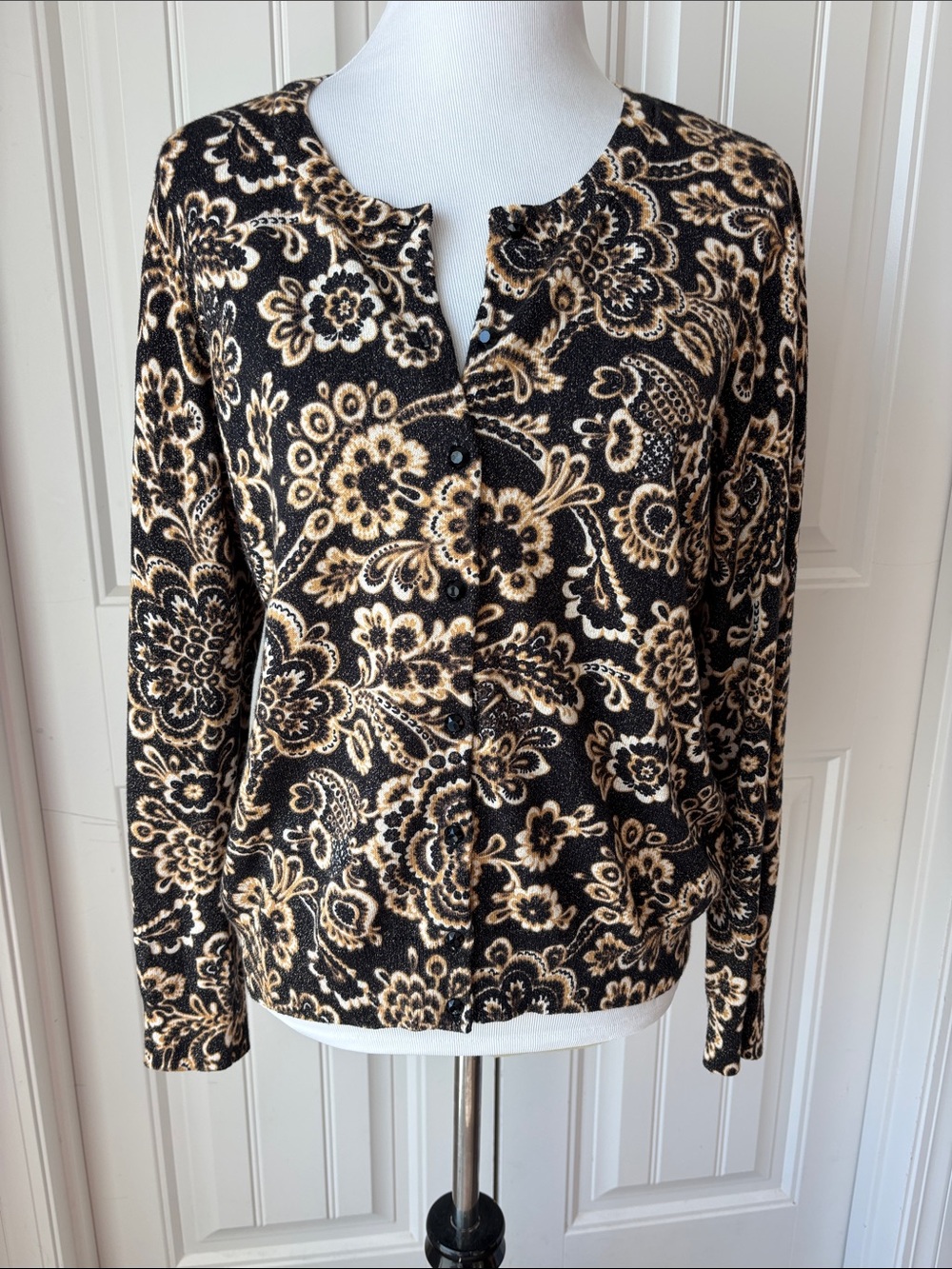 TALBOTS Black Gold and Cream Floral Button-Front Women's Top